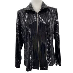 Exclusively Misook Black Square Pattern Shiny Full Zip Jacket Women Sz S
